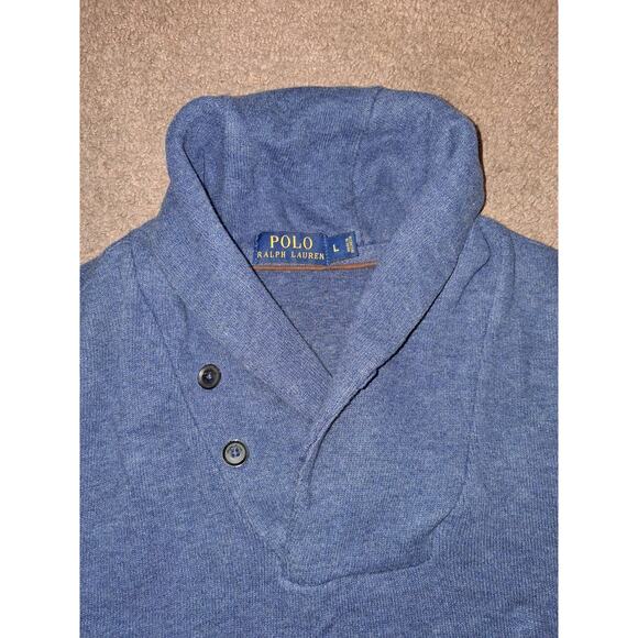Polo Ralph Lauren Sweater Men Large Blue Shawl Collar Elbow Pads Small Pony - Picture 2 of 6